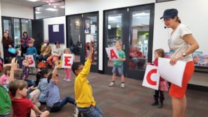 Photo of Monica Judd at Miss Mon's Music "Let's Go To The Beach" Workshop, Toowong Library, 2016.