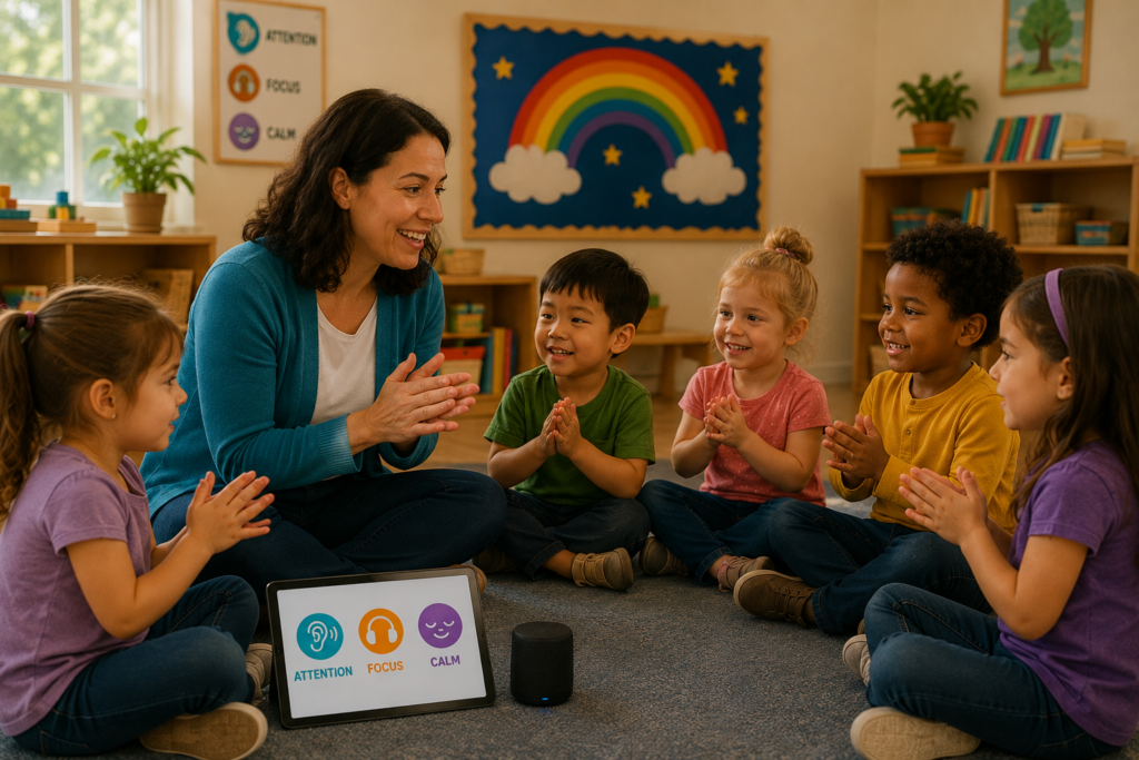 Children responding to classroom music cues Children responding to classroom music cues