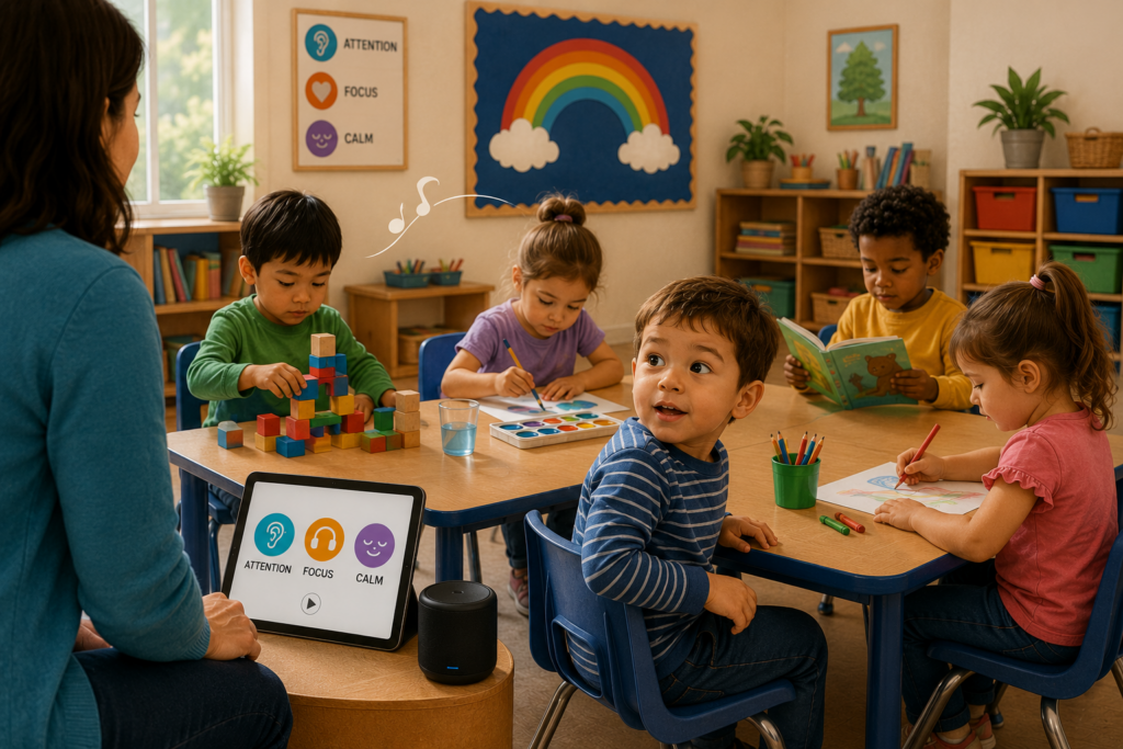 Young children processing classroom instructions while engaged in play Young children processing classroom instructions while engaged in play