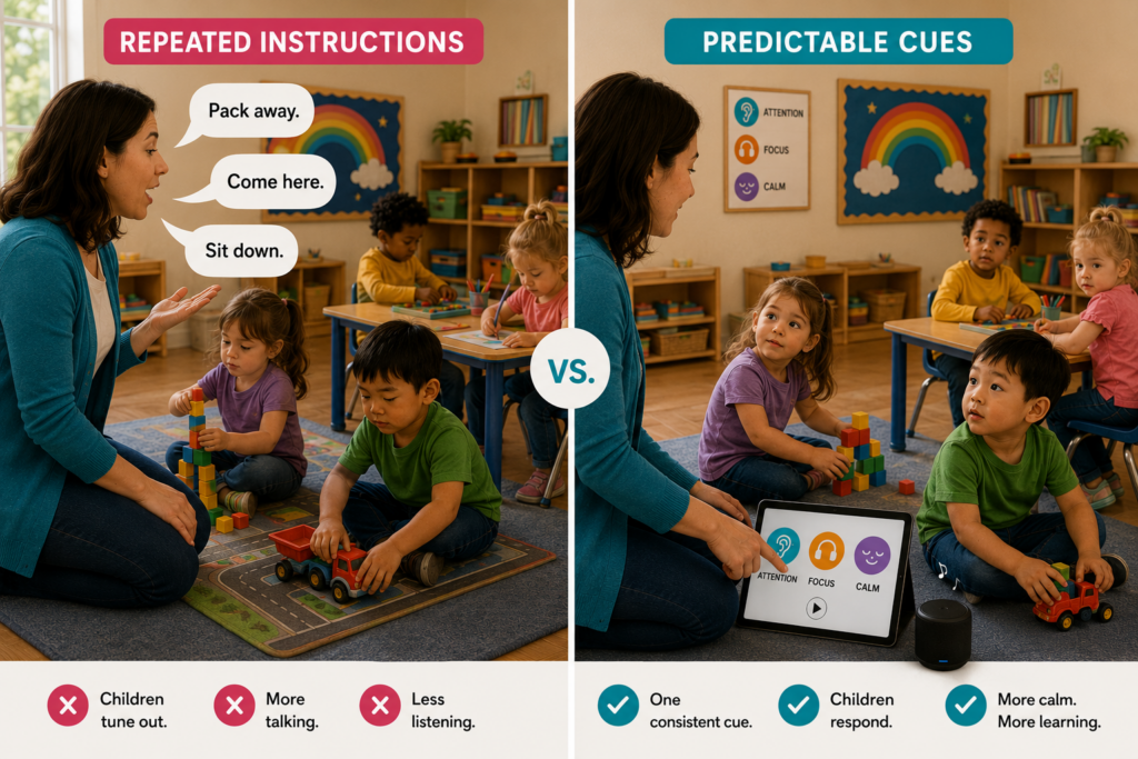 Teacher using music cue during a classroom transition Teacher using music cue during a classroom transition